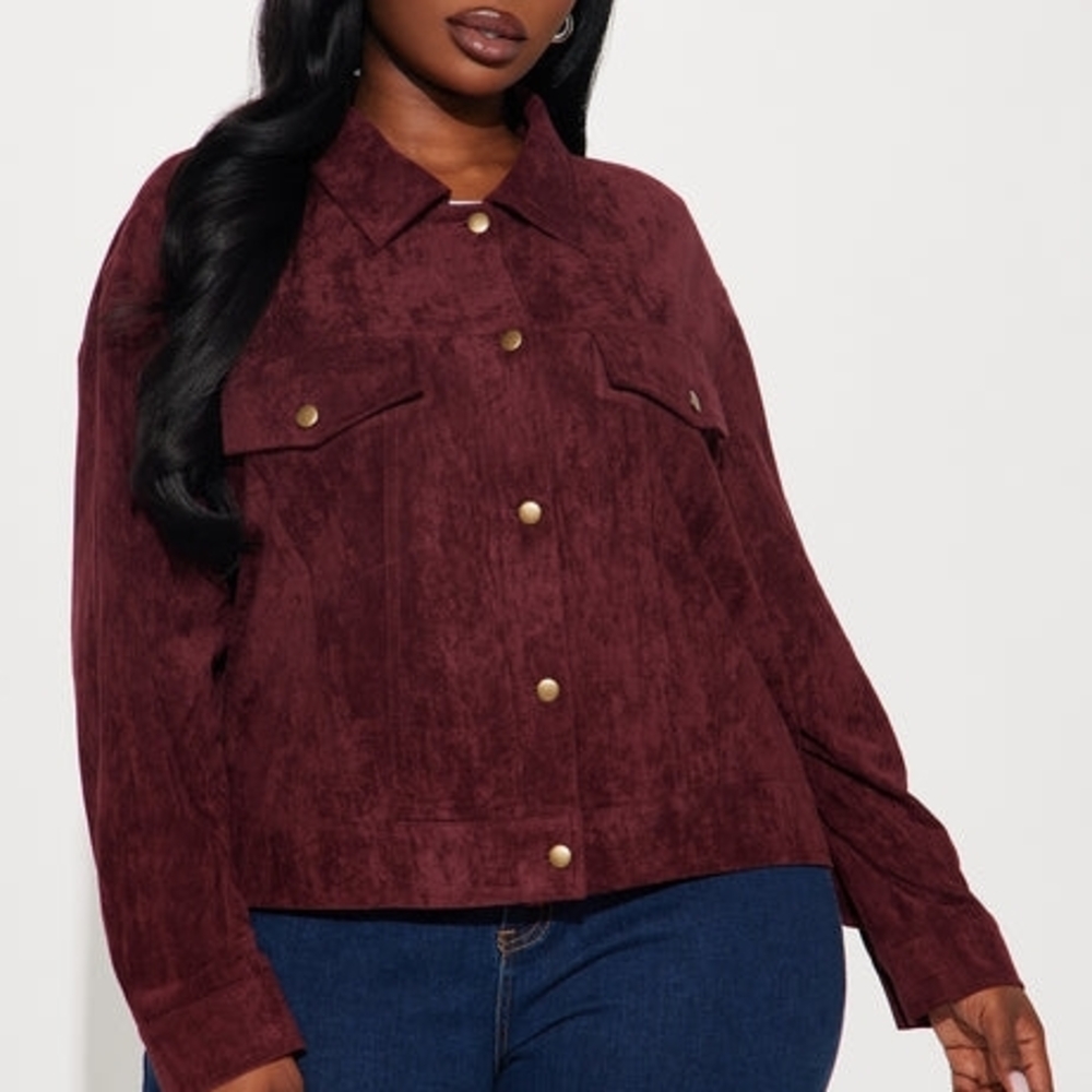 Faux Suede Cropped Jacket - Wine